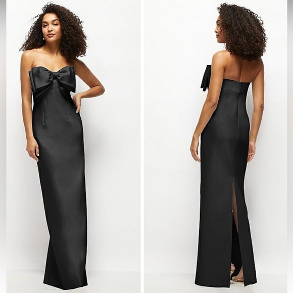 ALFRED SUNG Strapless Satin Black Column Maxi Dress with Bow NWT size 00 - Picture 3 of 14